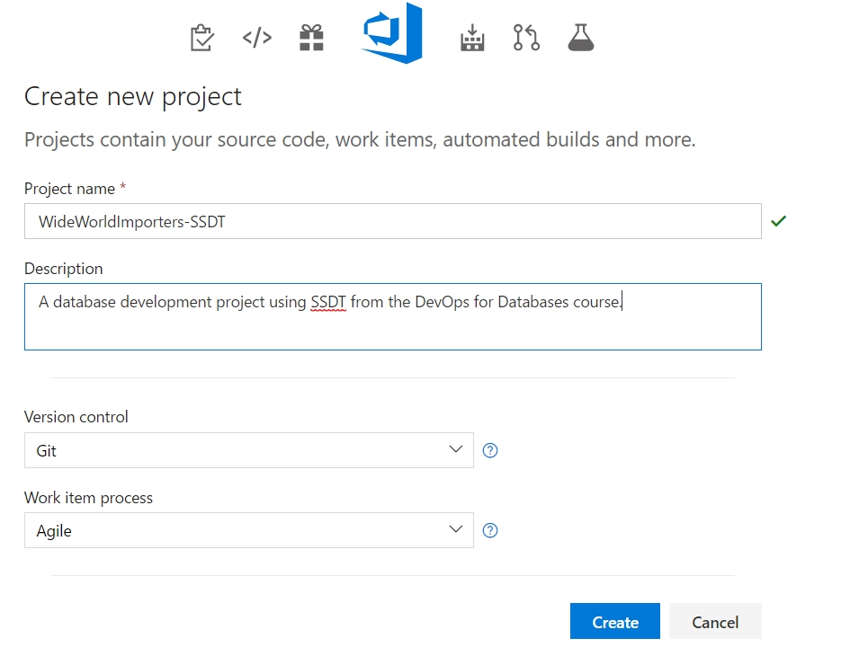 On the Create new project page, the Project name is WideWorldImporters-SSDT, Version control is Git, Work item process is Agile. A Description field says this is a database development project using SSDT from the DevOps for Databases course.